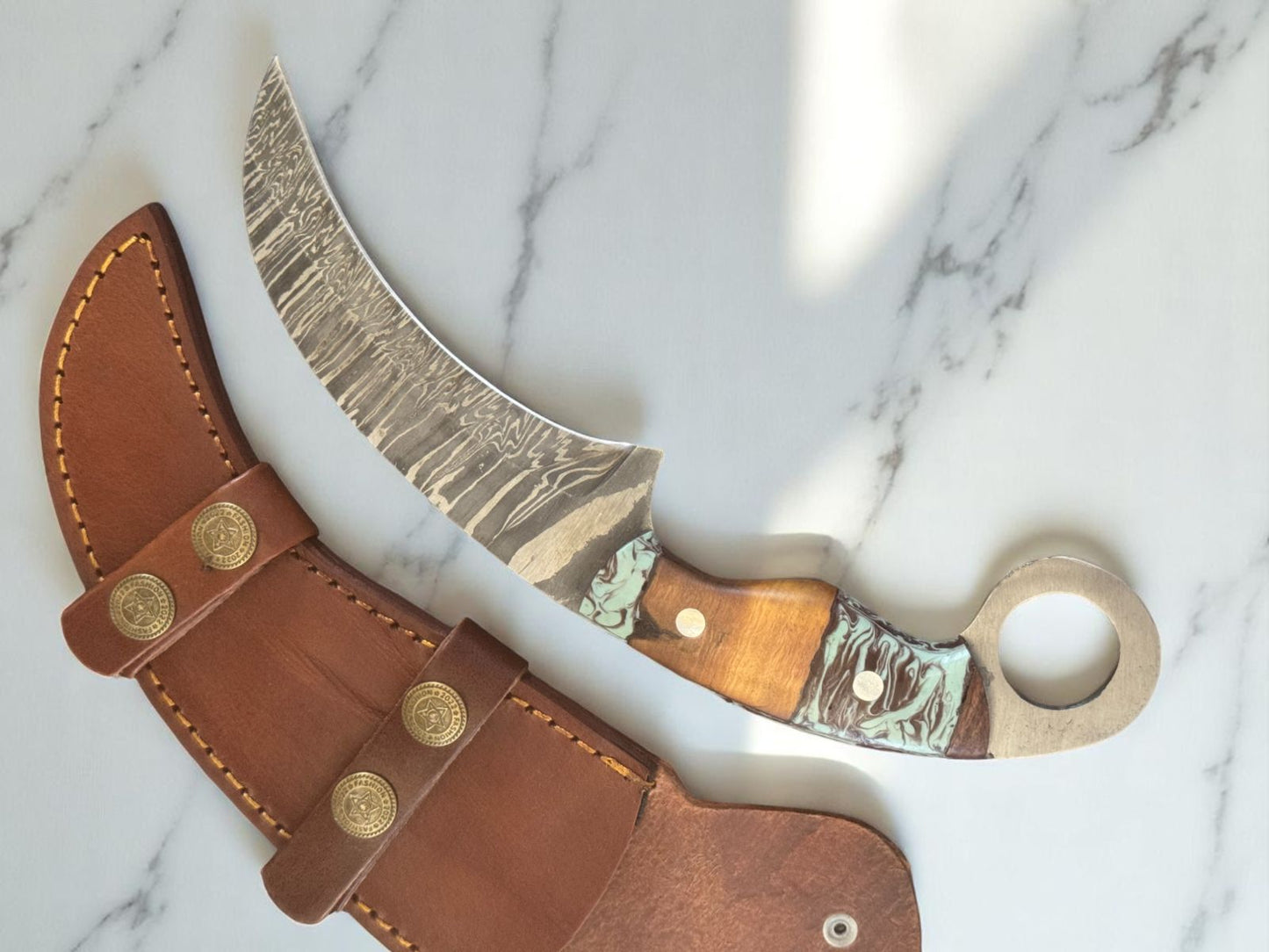 9.5” Handmade Damascus Karambit Knife Damascus Steel with Resin and Wood Handle