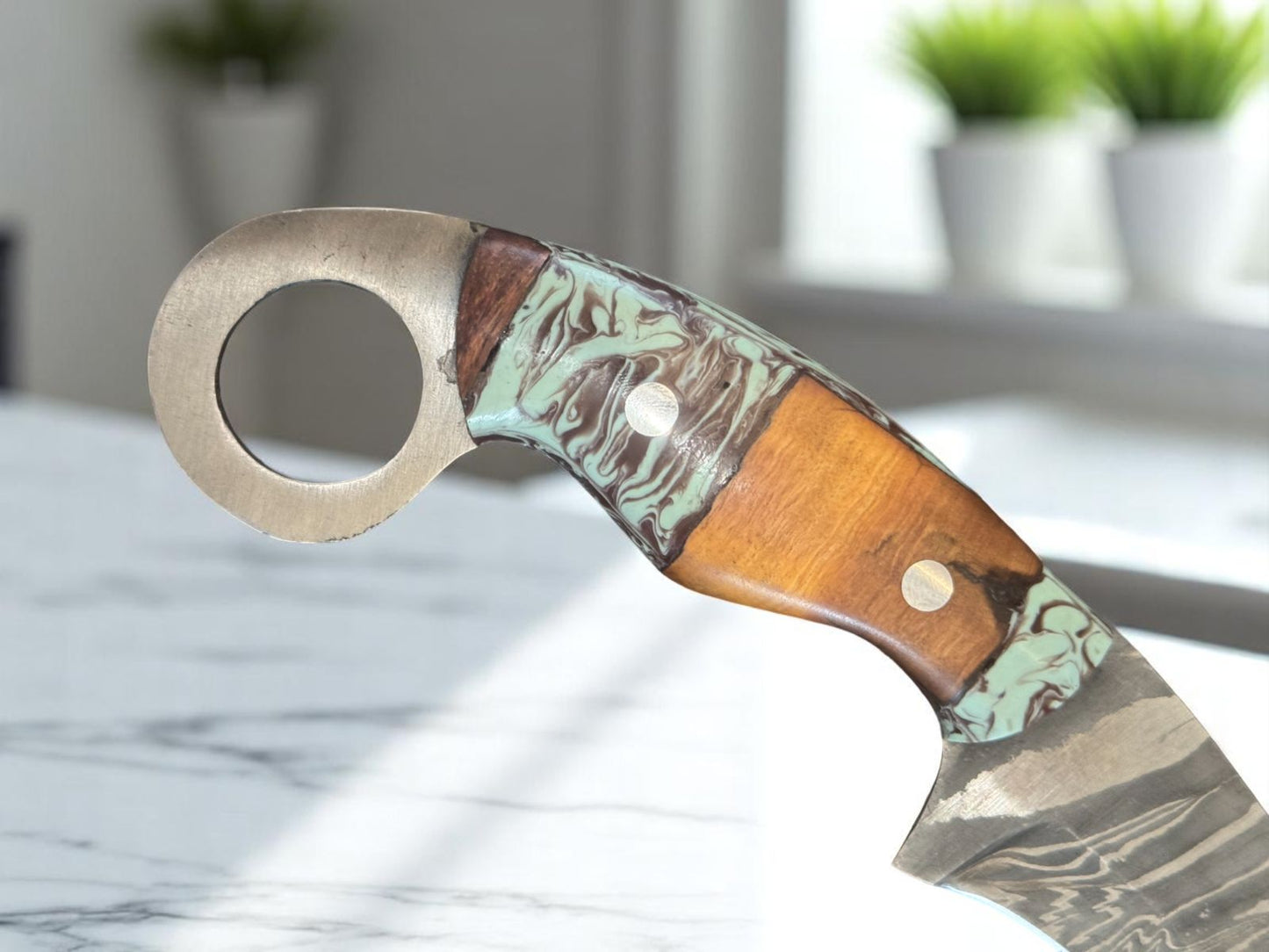 9.5” Handmade Damascus Karambit Knife Damascus Steel with Resin and Wood Handle
