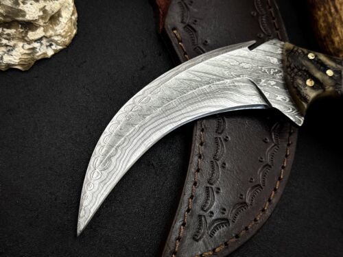 Handmade 8” Damascus Karambit Knife Damascus Steel Karambit With Ram Horn Handle