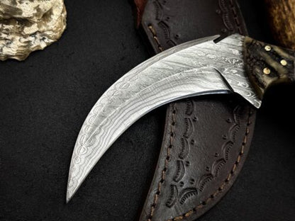 Handmade 8” Damascus Karambit Knife Damascus Steel Karambit With Ram Horn Handle
