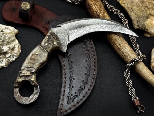 Handmade 8” Damascus Karambit Knife Damascus Steel Karambit With Ram Horn Handle