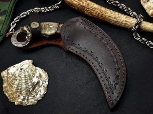 Handmade 8” Damascus Karambit Knife Damascus Steel Karambit With Ram Horn Handle