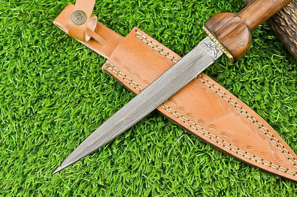 13" Damascus Steel Dagger Bowie Knife – Natural Wood Handle & Brass Bolster