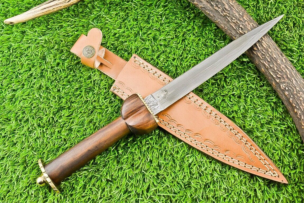 13" Damascus Steel Dagger Bowie Knife – Natural Wood Handle & Brass Bolster