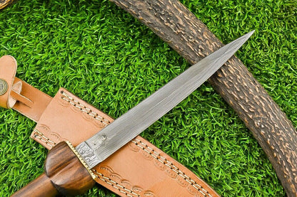 13" Damascus Steel Dagger Bowie Knife – Natural Wood Handle & Brass Bolster