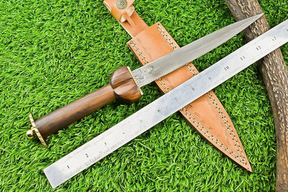 13" Damascus Steel Dagger Bowie Knife – Natural Wood Handle & Brass Bolster