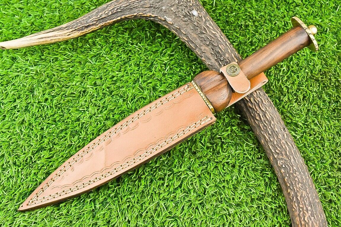 13" Damascus Steel Dagger Bowie Knife – Natural Wood Handle & Brass Bolster