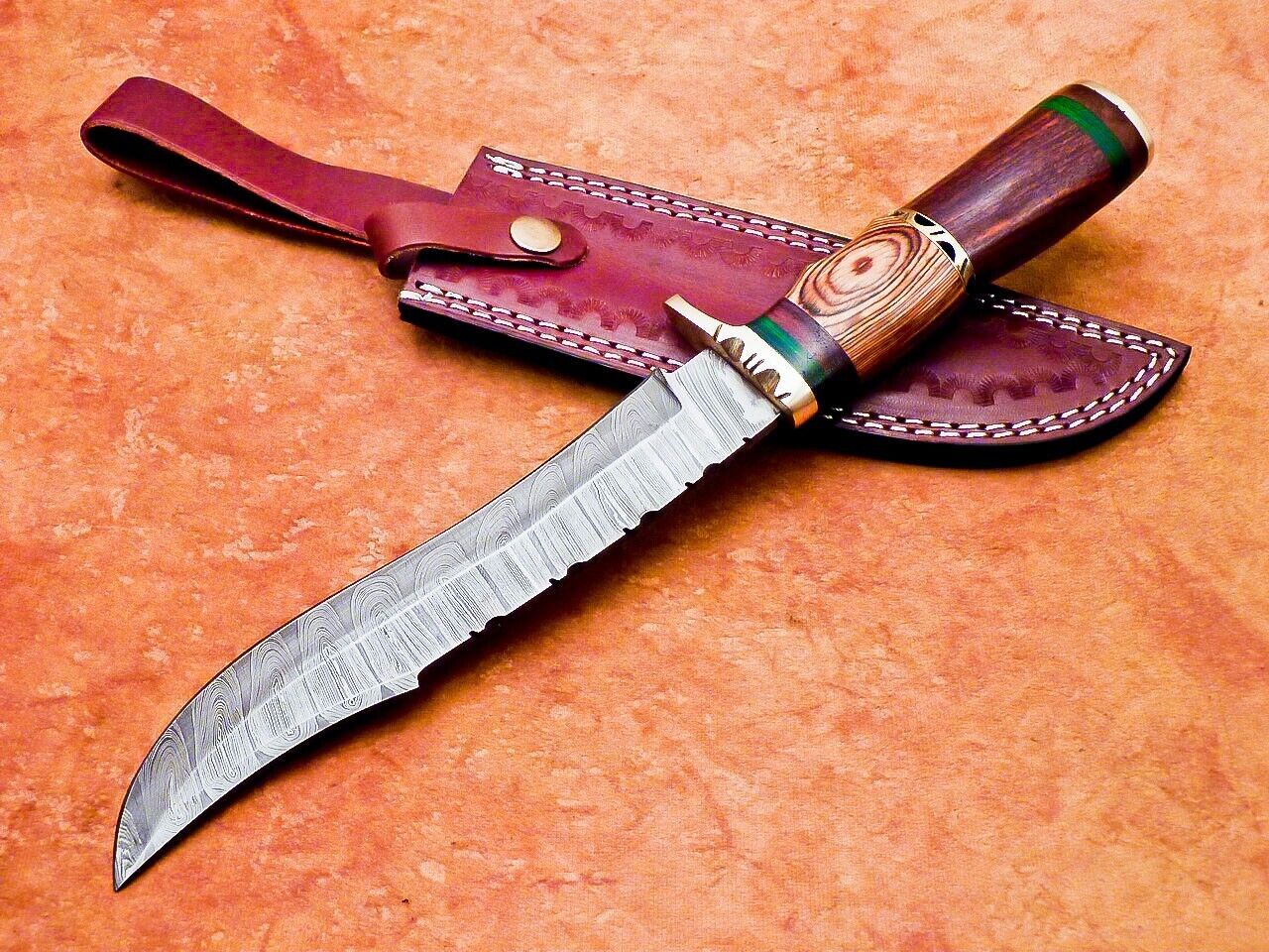 13.5" Damascus Steel Bowie Knife with Natural Wood Handle –  Hunting & Camping Knife