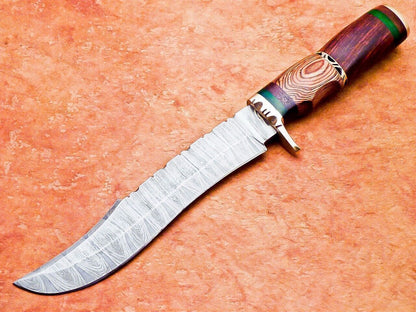 13.5" Damascus Steel Bowie Knife with Natural Wood Handle –  Hunting & Camping Knife