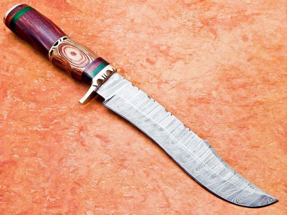 13.5" Damascus Steel Bowie Knife with Natural Wood Handle –  Hunting & Camping Knife