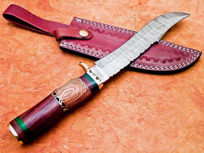 13.5" Damascus Steel Bowie Knife with Natural Wood Handle –  Hunting & Camping Knife