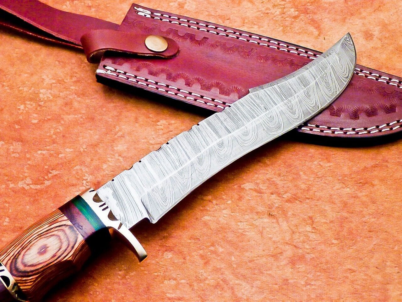 13.5" Damascus Steel Bowie Knife with Natural Wood Handle –  Hunting & Camping Knife