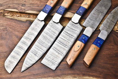 Set of 5 Handmade Full Tang Damascus Steel Chef Knives – Professional Kitchen Knife Set
