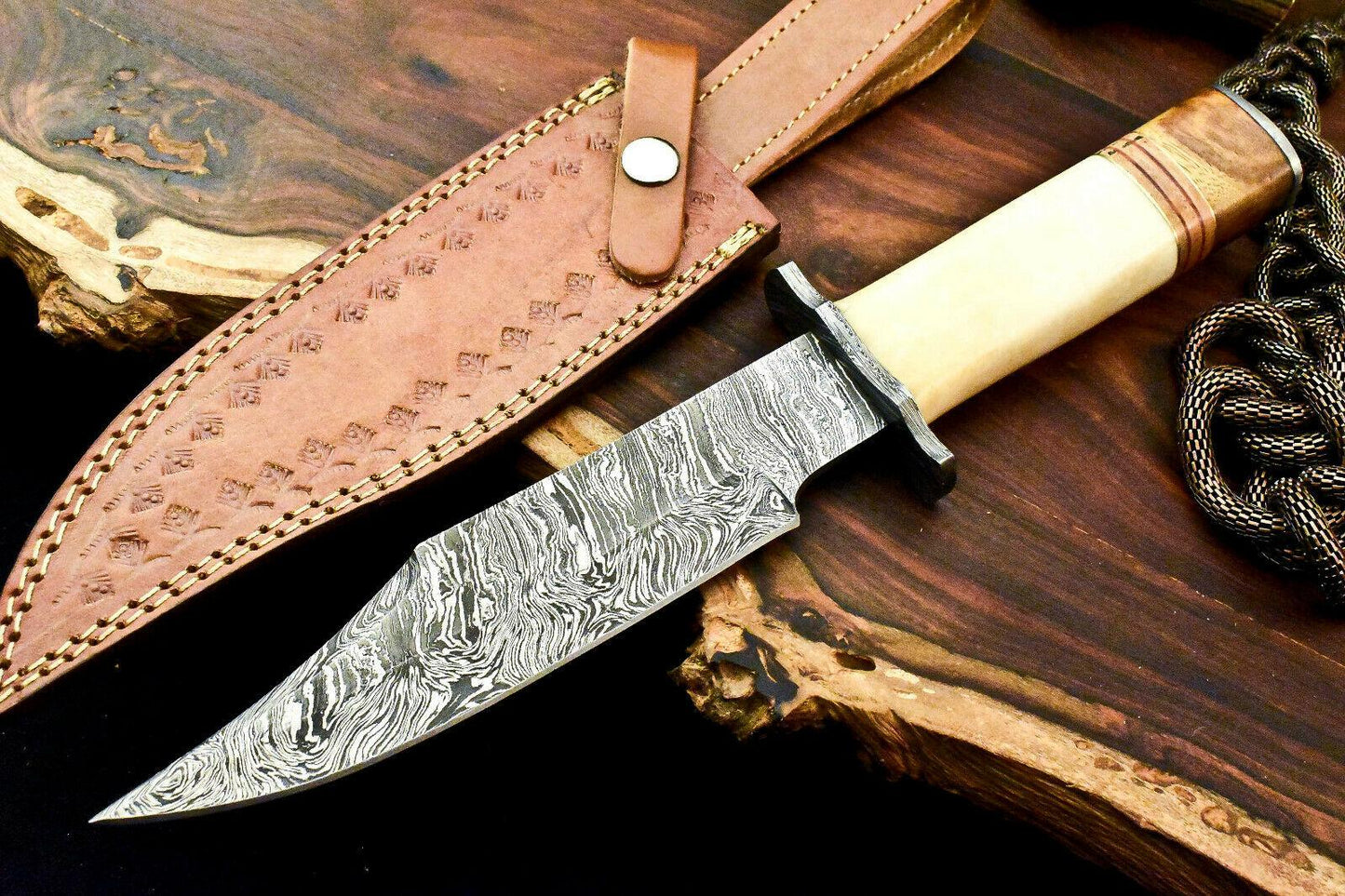 12.5" Handmade Damascus Bowie Knife – Camel Bone Handle & Leather Sheath