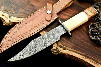 12.5" Handmade Damascus Bowie Knife – Camel Bone Handle & Leather Sheath