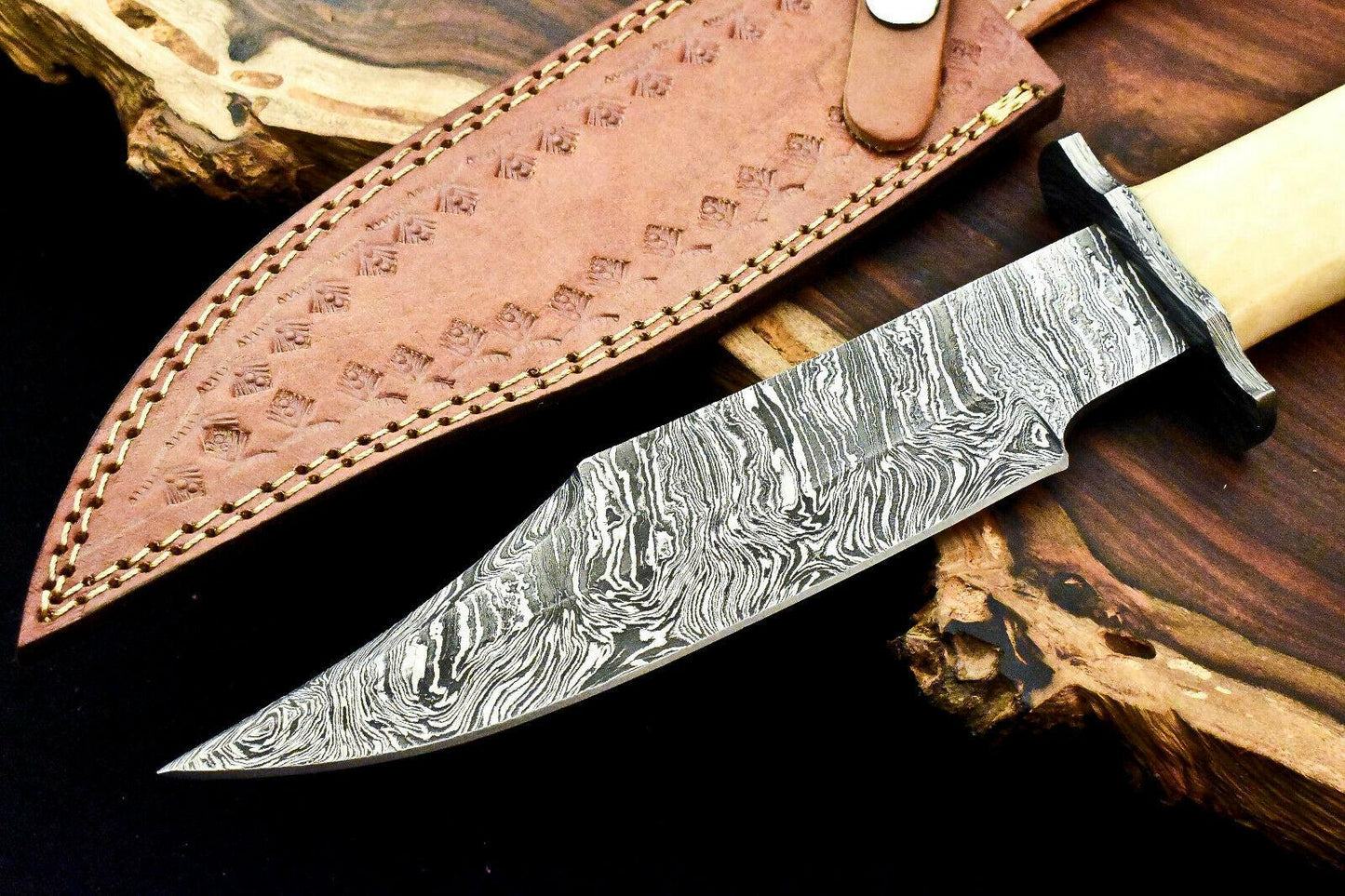12.5" Handmade Damascus Bowie Knife – Camel Bone Handle & Leather Sheath
