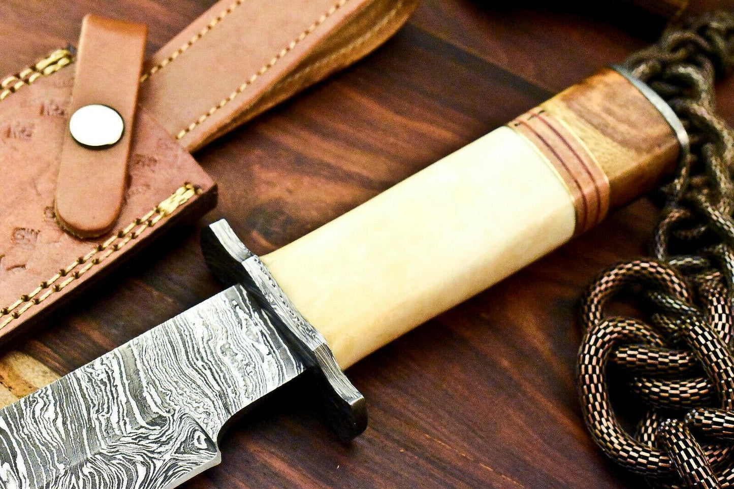 12.5" Handmade Damascus Bowie Knife – Camel Bone Handle & Leather Sheath