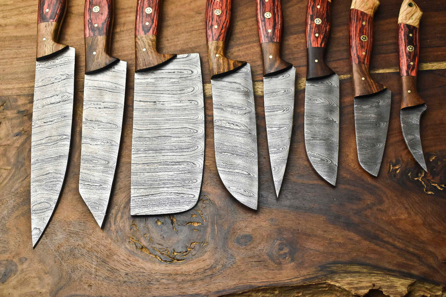 Custom Lot Of 8 Handmade Hammered Damascus Steel Blade Chef Set Knife