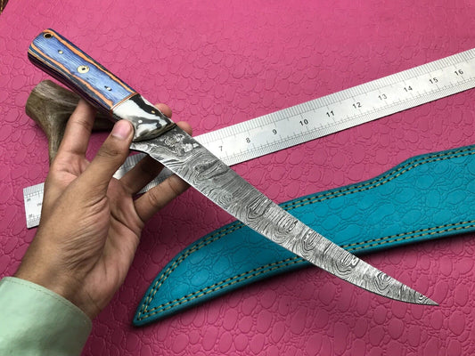 14" Premium Damascus Fillet Knife Handcrafted Damascus Steel Knife W/Sheath