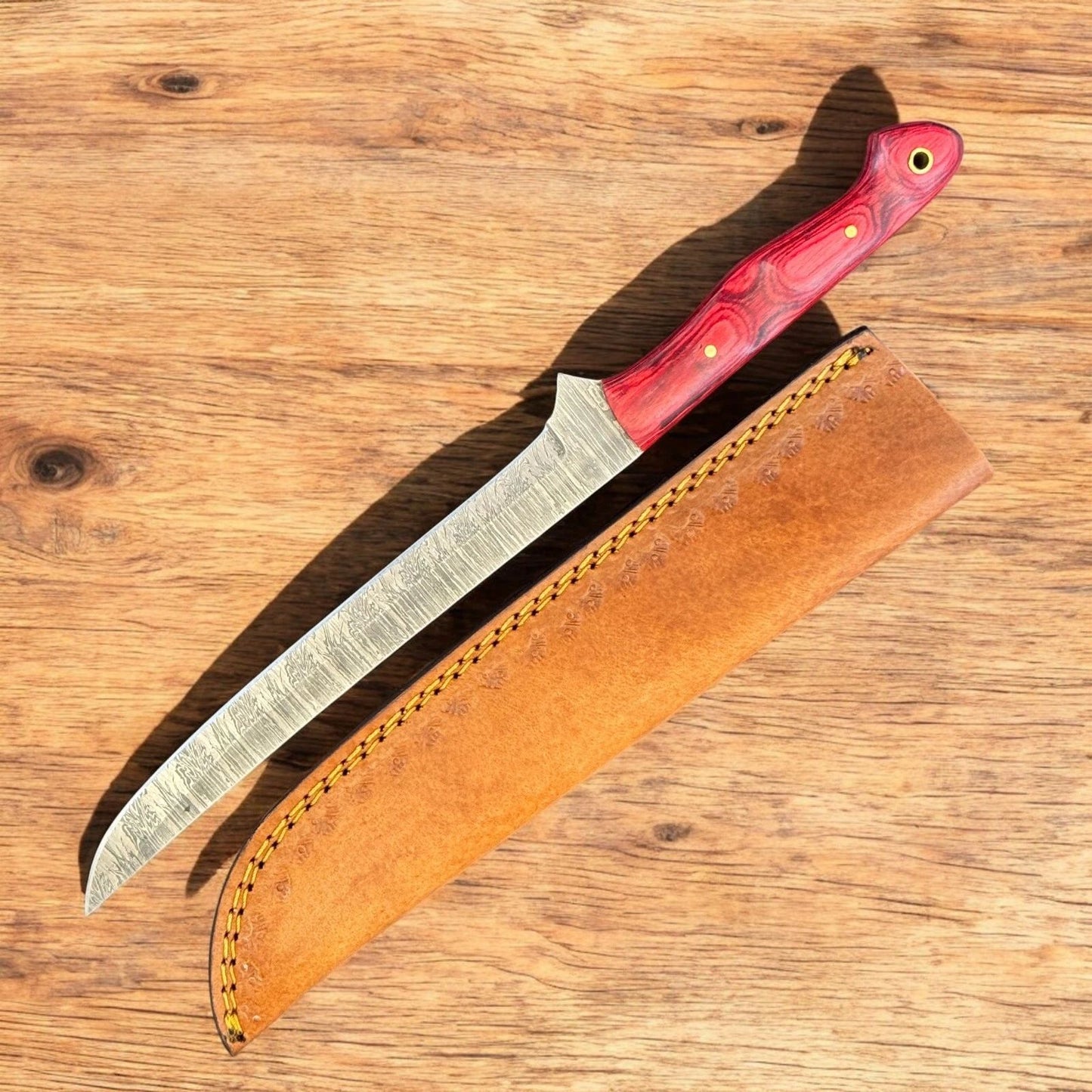 12” Custom Handmade Damascus Steel Fillet Knife with Wood Handle & Sheath