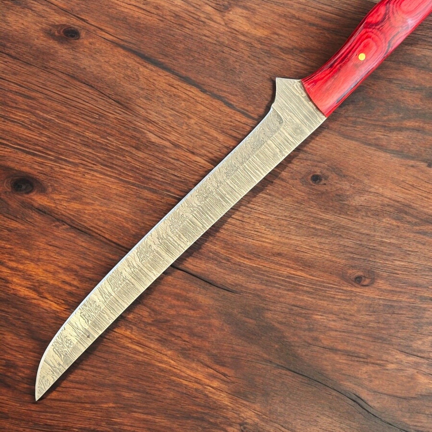 12” Custom Handmade Damascus Steel Fillet Knife with Wood Handle & Sheath
