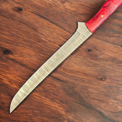 12” Custom Handmade Damascus Steel Fillet Knife with Wood Handle & Sheath