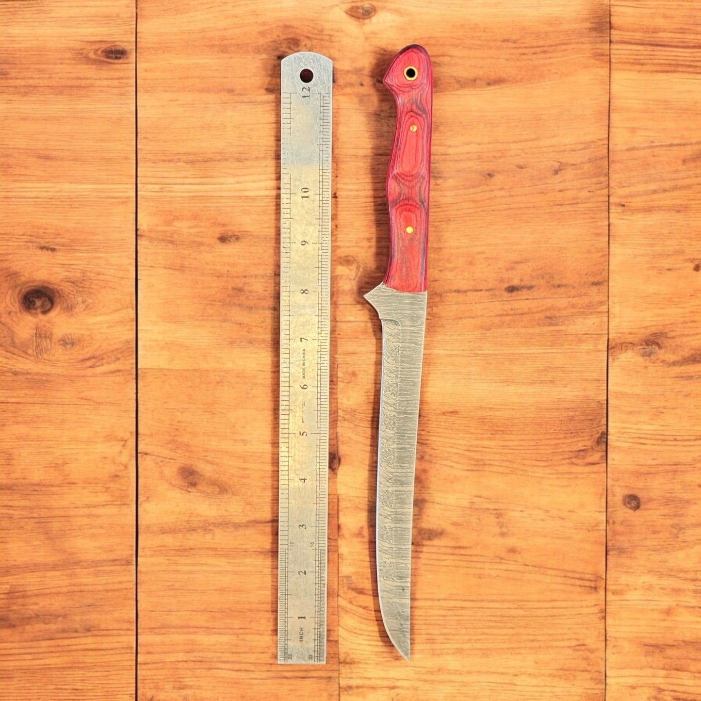 12” Custom Handmade Damascus Steel Fillet Knife with Wood Handle & Sheath