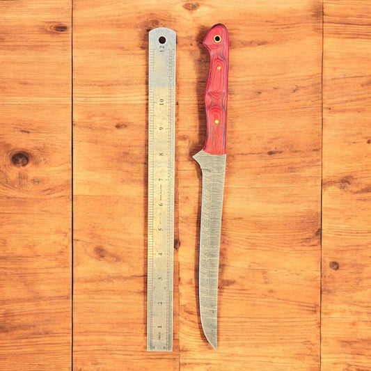 12” Custom Handmade Damascus Steel Fillet Knife with Wood Handle & Sheath