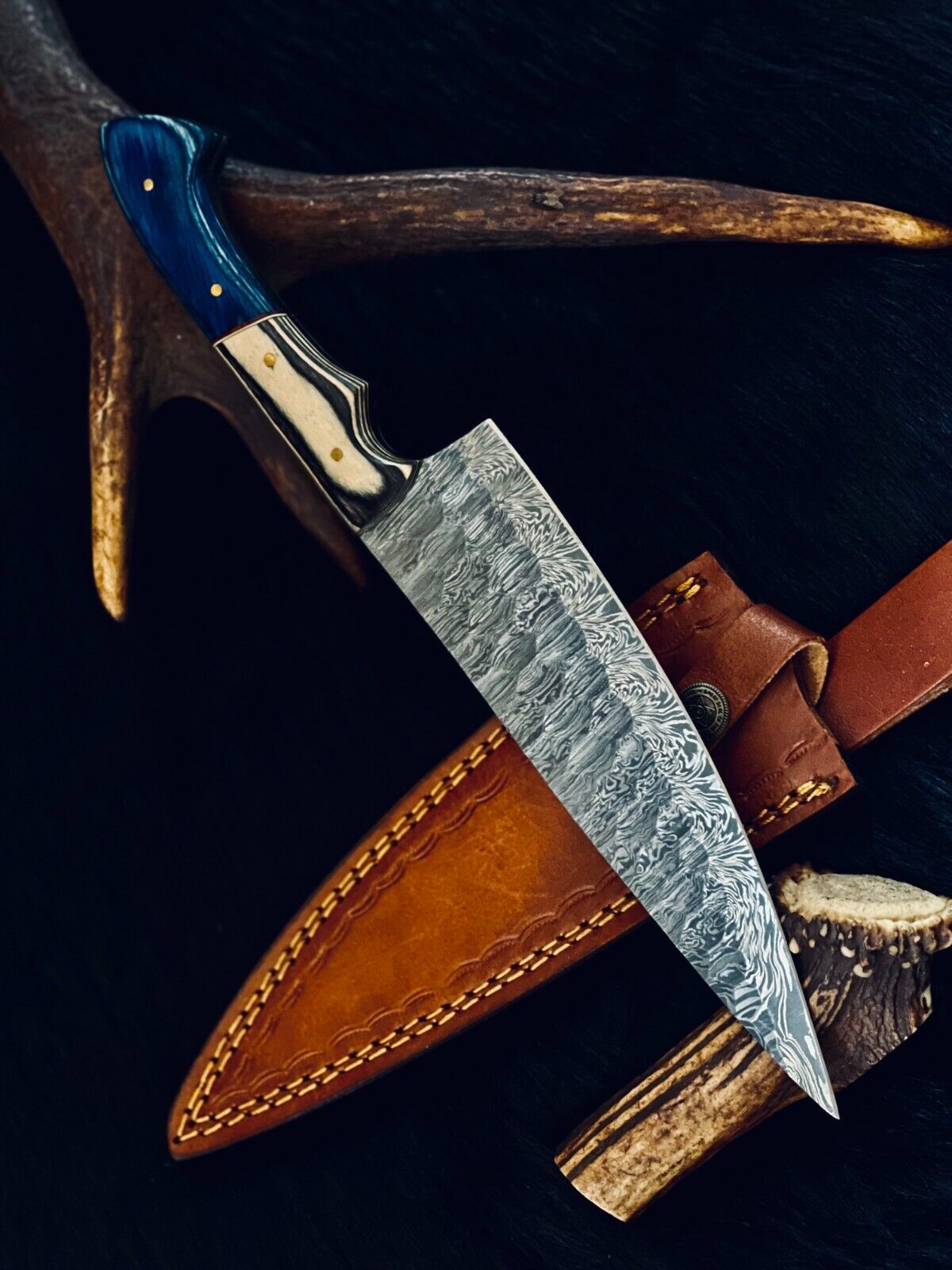 12.5" Custom Handmade Fire Damascus Steel Santoku Chef Knife – Camel Bone & Wood Handle