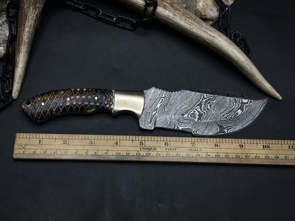 Handmade Damascus Steel Hunting Tracker EDC Knife with Bone Handle and Cow Leather Cover