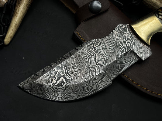 Handmade Damascus Steel Hunting Tracker EDC Knife with Bone Handle and Cow Leather Cover