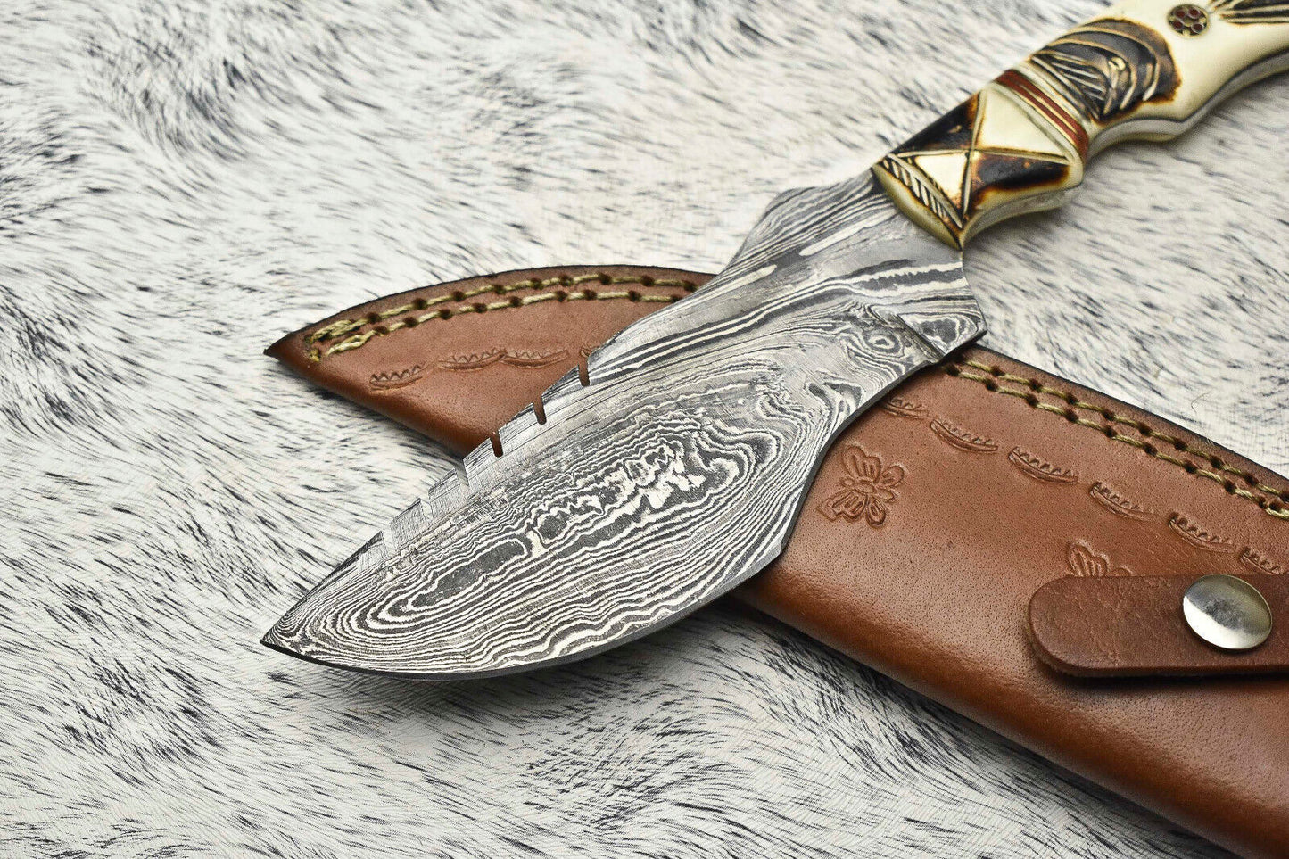 10.0" Handmade Damascus Steel Tracker Knife – Full Tang Hunting, Camping & Survival Knife with Hardwood Handle & Leather Sheath