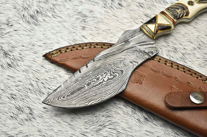10.0" Handmade Damascus Steel Tracker Knife – Full Tang Hunting, Camping & Survival Knife with Hardwood Handle & Leather Sheath