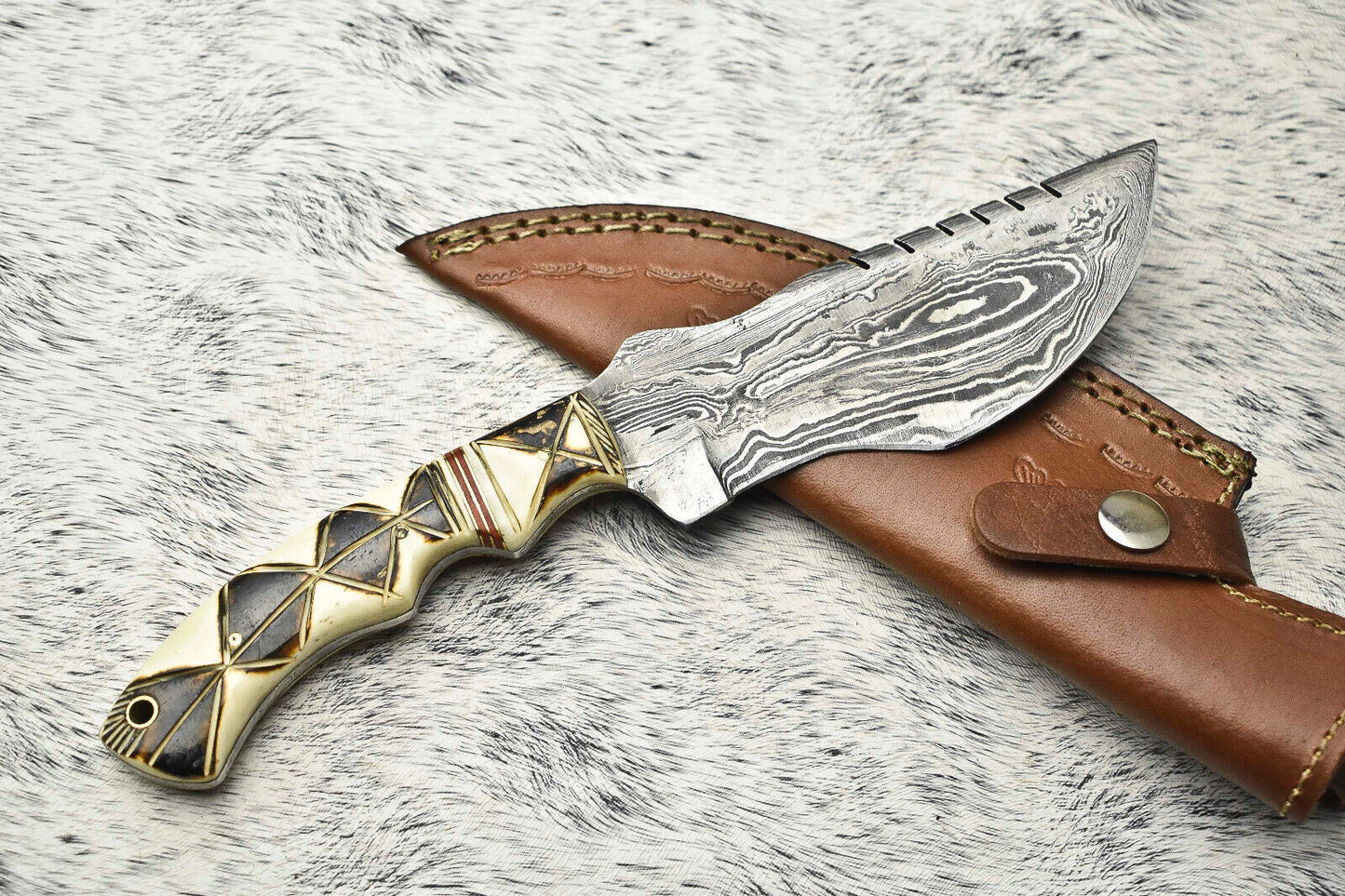 10.0" Handmade Damascus Steel Tracker Knife – Full Tang Hunting, Camping & Survival Knife with Hardwood Handle & Leather Sheath