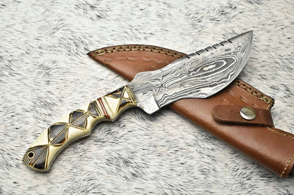 10.0" Handmade Damascus Steel Tracker Knife – Full Tang Hunting, Camping & Survival Knife with Hardwood Handle & Leather Sheath
