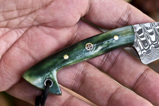 Forged Skinner Knife Ladder Damascus Bone Miniature Fishing Knife w/ Leather Sheath Handmade Rare