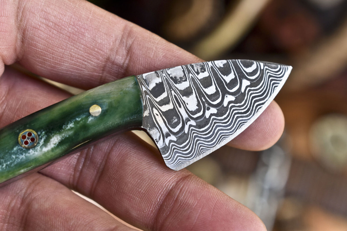 Forged Skinner Knife Ladder Damascus Bone Miniature Fishing Knife w/ Leather Sheath Handmade Rare