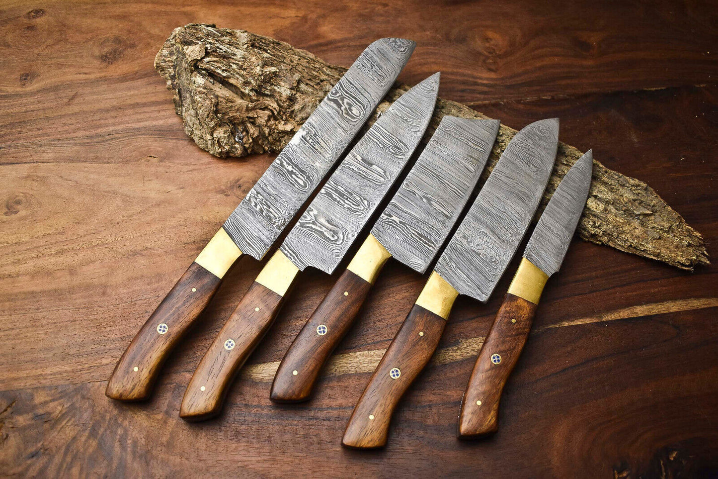 Set of 5 Handmade Hammered Damascus Steel Chef Knives – Premium Damascus Blade Collection