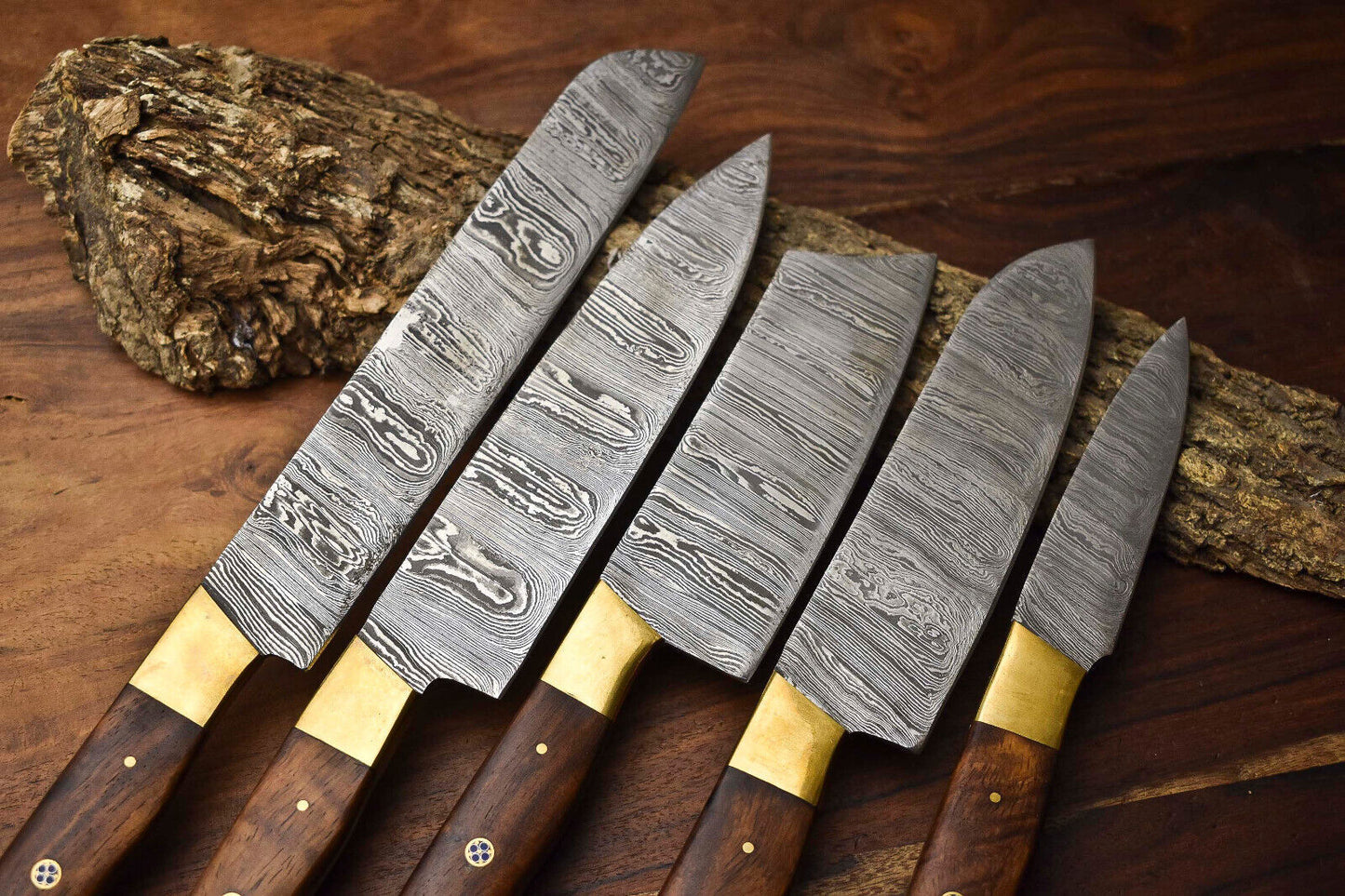 Set of 5 Handmade Hammered Damascus Steel Chef Knives – Premium Damascus Blade Collection