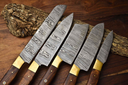 Set of 5 Handmade Hammered Damascus Steel Chef Knives – Premium Damascus Blade Collection