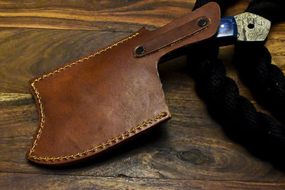 Custom Made Damascus Steel Axe Hunting Clever Chopper Knife Hard Wood Handle with Leather Sheath