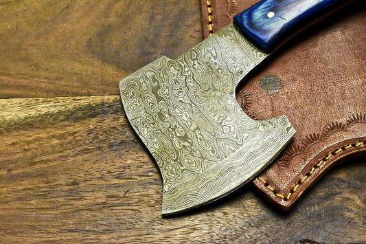 Custom Made Damascus Steel Axe Hunting Clever Chopper Knife Hard Wood Handle with Leather Sheath