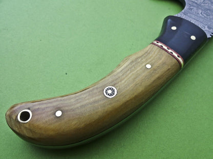 Custom Handmade Damascus Steel 9-Inch Hatchet Axe | Exotic Wood & Bull Horn Handle with Leather Sheath – Camping, Hunting, & Tactical Damascus Axe