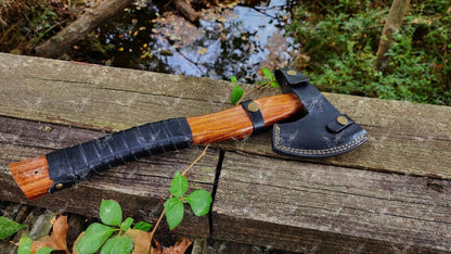 Multi Purpose Handmade Damascus Steel Viking Battle Axe with Rosewood Handle and Leather Sheath