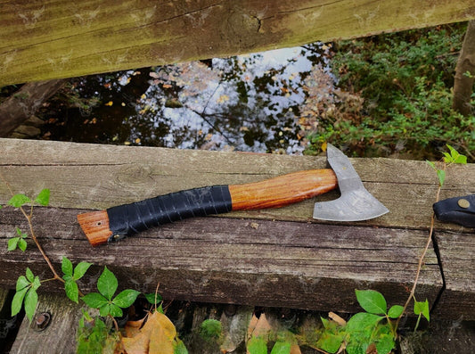 Multi Purpose Handmade Damascus Steel Viking Battle Axe with Rosewood Handle and Leather Sheath