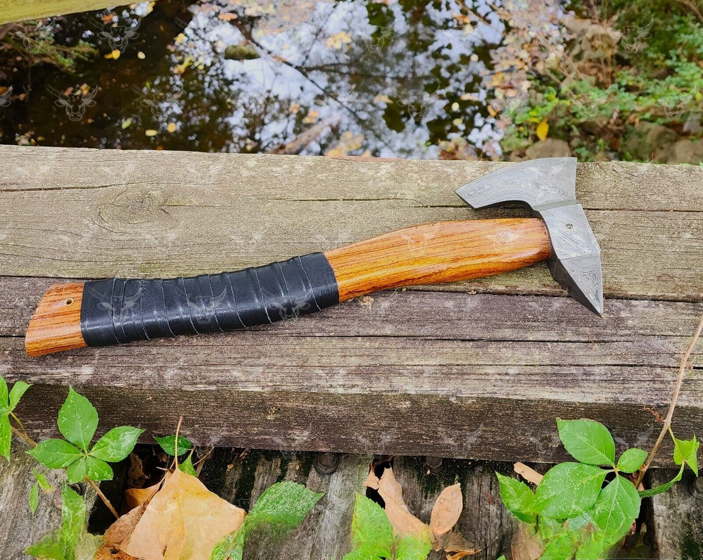 Multi Purpose Handmade Damascus Steel Viking Battle Axe with Rosewood Handle and Leather Sheath