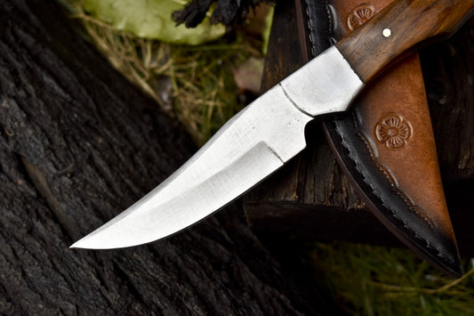9" Custom Skinner Knife – AUS-8 Steel Blade, Walnut Wood Handle, Steel Bolster, Leather Sheath Gift