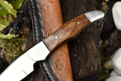 9" Custom Skinner Knife – AUS-8 Steel Blade, Walnut Wood Handle, Steel Bolster, Leather Sheath Gift