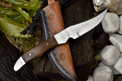9" Custom Skinner Knife – AUS-8 Steel Blade, Walnut Wood Handle, Steel Bolster, Leather Sheath Gift