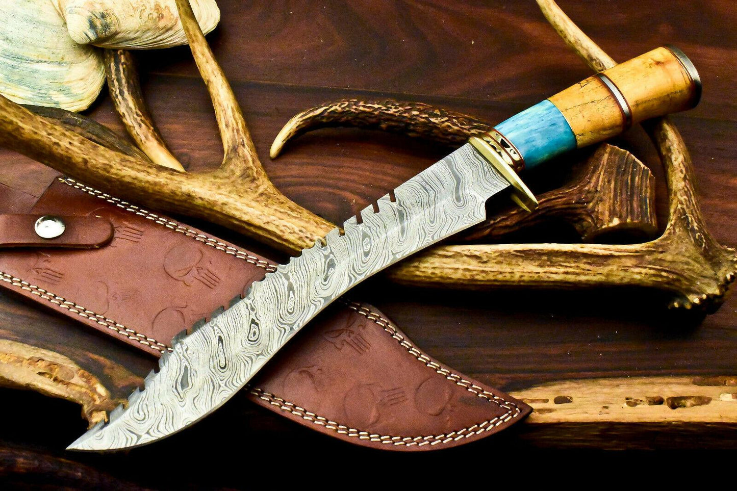 16" Damascus Steel Bowie Knife | Camel Bone Handle & Leather Sheath